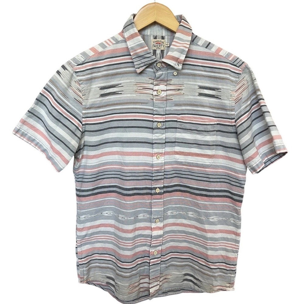 Faherty Brand Mens Ikat‎ Stripe Short Sleeve Button Down Shirt Grey Coral Medium